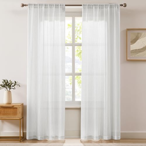 Image of Lush Decor Milla Knitted Textured Sheer Window Curtain Panels Pair 38 inch W x 84 inch L Pearl White - White Curtains for Bedroom - Sheer Curtains for Living Room
