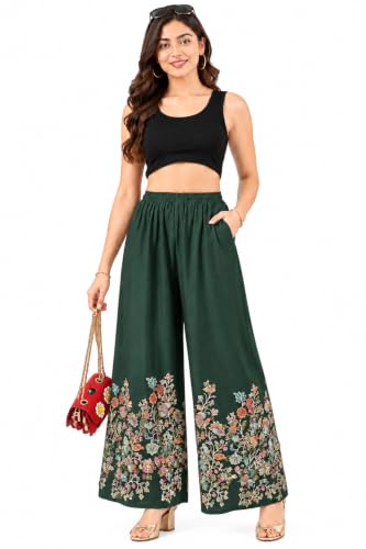 Image of Women's Rayon Bird Flower Print Loose fit Palazzos Pants Free Size 28 to 40