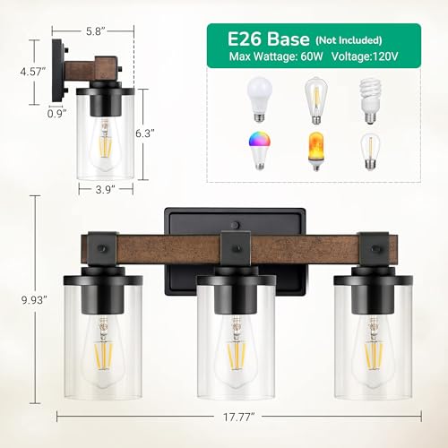 Image of EDISHINE Farmhouse Vanity Lights for Bathroom, 3-Light Bathroom Vanity Lights Over Mirror, Wall Sconce with Clear Glass Shades for Vanity Table, Living Room(E26 Base) (Pack of 2)