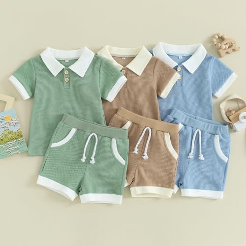 Kuriozud Newborn Baby Boy Summer Clothes Button Short Sleeve Romper Bodysuit Shorts Set Toddler Soft Waffle Outfit2