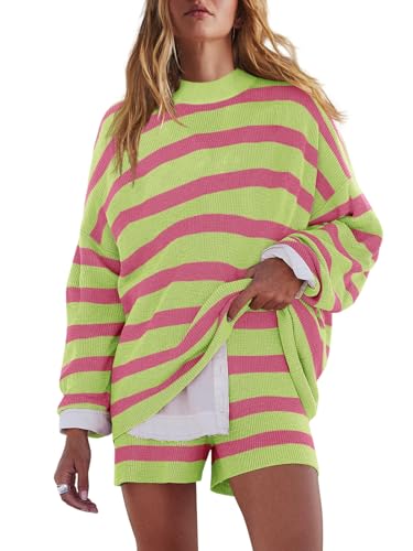 LAMISSCHE Womens Oversized Lounge Sets 2 Piece Outfits Striped Matching Pajama Set Long Sleeve Sweater Set