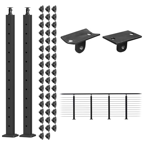 Image of BLIKA 2Pack 42 inch Level Drilled Cable Railing Posts(Post 41 inchx2 inchx2 inch), Stainless Steel Adjustable Line Post, Metal Deck Railing Posts, Top Mount Black Cable Handrail Posts for Cable Railing Kits, BL01-LP