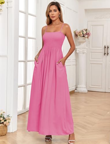 Image of Women Detachable Strap Beach Dress Strapless Smocked Pockets Maxi Dress | Removable Straps Flowy Swing A Line Maxi Beach Dress Boho Vacation Casual Smocked Strapless Beach Wedding Guest Sundress