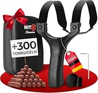 HITX® Zwille Steinschleuder Profi Bundle Set | Für Große Hände & Einfacher Clip-Technik | Slingshot Schleuder mit Gummiband Extra Stark | + 300 Tonkugeln | Bundle Set mit Ersatzgummi | Gamma