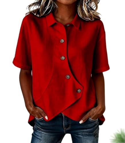 Chemise asymétrique boutonnée en coton rouge TTG pour femme à manches courtes