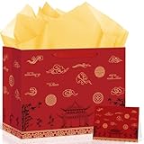 Neptniopllab Large Hibachi Party Gift Bag,Japanese Chinese Party Decorations Wrapping Paper Bag Chinese Cultural Gift Bag with Tissue Paper and Greeting Card for Celebrating Asian Party