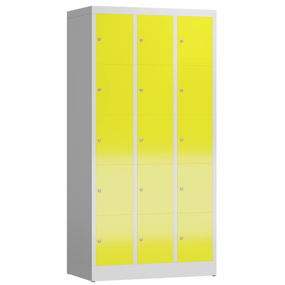 Lüllmann 15 Fächer Spind Schließfachschrank kompl. montiert und verschweißt Wertfachschrank Fächerschrank Spind Umkleideschrank (RAL 7035/1018 lichtgrau/zinkgelb)