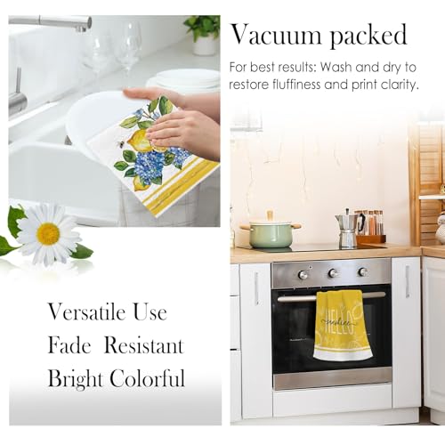 Image of Summer Hydrangeas Lemons Kitchen Towels, Hello Sunshine Dish Towels Set of 2, Blue Amalfi Coas Farmhouse 18 x 26 Inch Hand Towel Quick Drying Dishcloth Decor for Kitchen Bathroom Home