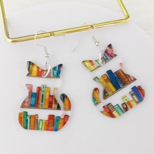 Animals Bookcase Earrings, Cat Dog Book Dangle Earrings for Women Book Lover, Bookshelves Earrings Acrylic Graduation Teacher's Day Appreciation Back To School Gifts For Teacher3