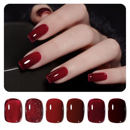 Image of GAOY Red Gel Nail Polish Set, 6 Colors Burgundy Cherry Dark Red Jelly Glitter Soak Off UV Light Cure Gel Polish Kit for Salon and Nail Art DIY at Home