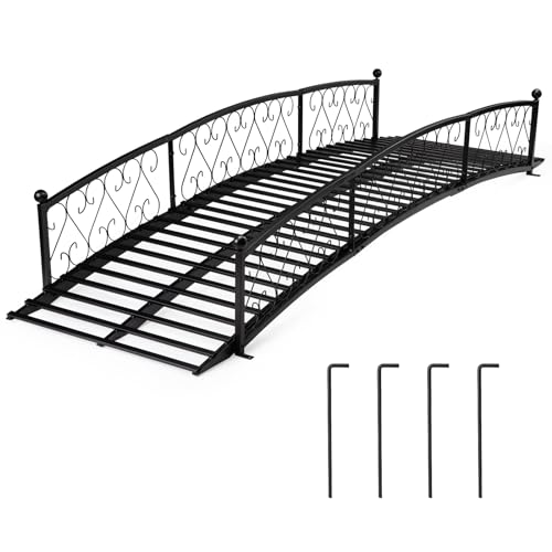 8 FT Garden Bridge, Metal Arc Footbridge with Safety Siderails, Decorative Black Iron Pond Bridge for Outdoor Patio Yard Backyard Creek Farm