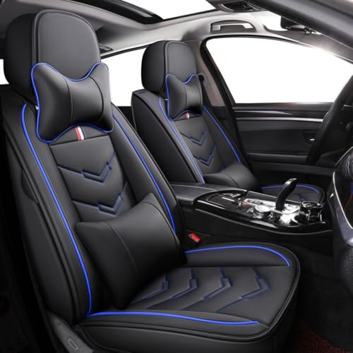 日産セレナ C27 C26 C25 H28.8~に適用車シートカバー座布団 防水 全天候型汚れ防止 取付簡単 滑り止め 収納便利クッションプロテクター前後席背もたれ耐摩耗性通気PUレザー素材(黒青線,枕付き)