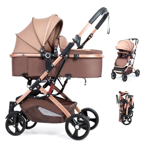 PEARLOVE 2 in 1 Baby Stroller Newborn Foldable Pushchair with Adjustable Canopy Folding High Landscape Infant Carriage, Anti-Shock Toddler Pushchair
