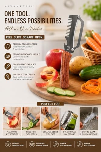 Image of Multi-Functional Stainless Steel Vegetable Peeler with Wooden Handle, Built-in Bottle Opener & Julienne Cutter, Sharp Fruit & Vegetable Peeler for Potato, Carrot, Cucumber, Apple & More