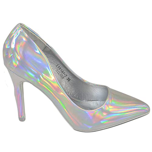  Scarpe Donna Decollete a Punta Elegante Lucido Argento Ondulato ai Lati Tacco a Spillo 12 Cerimonia (39 EU)