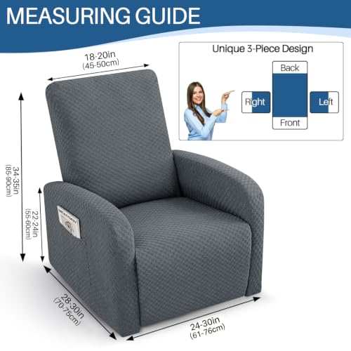 Image of YEMYHOM 3 Pieces Stretch Recliner Slipcover Jacquard Small Recliner Chair Cover with Side Pocket Anti-Slip Fitted Furniture Protector with Elastic Bottom (X-Small Recliner, Dark Gray)