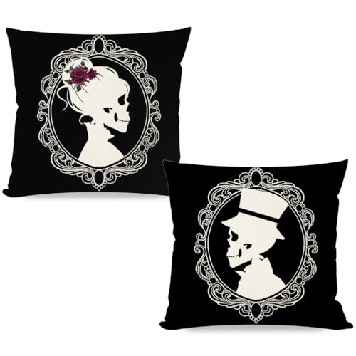 Pandicorn PP-442-18 Halloween Gothic Couple Throw Pillow Covers 18X18 Gentleman Lady Skeleton Vintage Halloween Black Goth Indoor Decorations Decorative Cushion Cases Set Of 2 cover