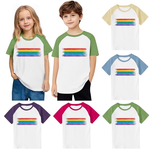 Girls Rainbow Print Cute T-Shirts Kids Color Block Loose Raglan Tops Boys Crewneck Basic Short Sleeve Tees for 3-14 Years2