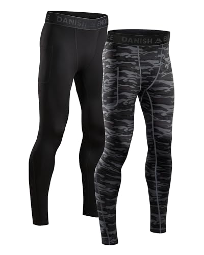 DANISH ENDURANCE Kompressionstights med Fickor, Quick Dry, Löpning & Träning, för Herr, 2-Pack, Flerfärgad (1x Svart, 1x Grå Kamouflage), S