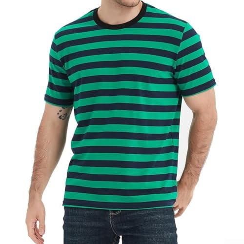 Camiseta de marinero a rayas de ajuste holgado para hombre, camiseta casual de verano con cuello redondo y mangas cortas (L verde)