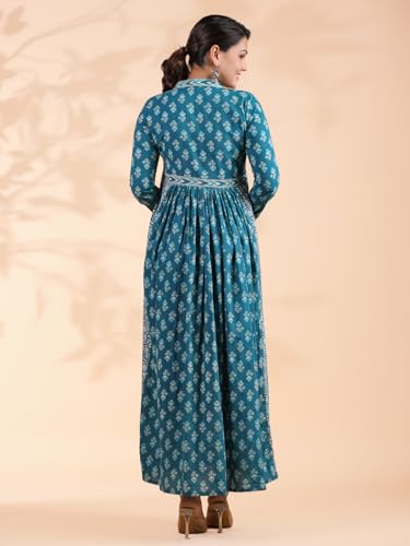 Image of Vbuyz Women's Floral Print Anarkali Cotton Aqua Blue Stitched Kurta | Anarkali Kurti for Women | Kurta for Women