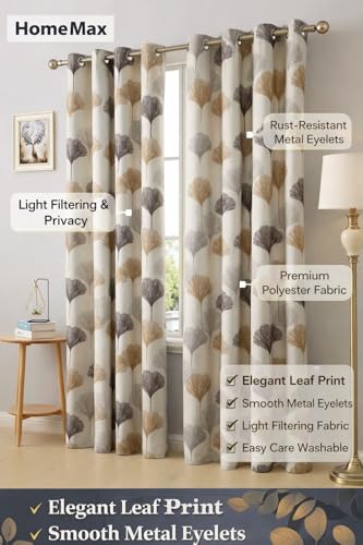 Image of HUTI 5 Feet Brown Window Curtain Set of 2 | Semi-Transparent Ginkgo Tree Printed Curtain | Soft Polyester Eyelet Curtains for Living Room & Bedroom 4x5 ft (120 x 150 cm) | Best for Home Decor