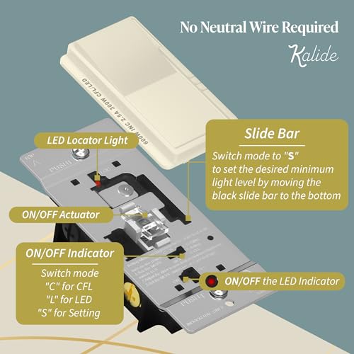 Image of TOPGREENER Kalide Dimmer Light Switch, LED Dimmer Switch, Full Range Dimming, Single Pole /3-Way, 120VAC, 60Hz, 300W LED /CFL, Neutral Wire Not Required, Wall Plate Included, Light Almond