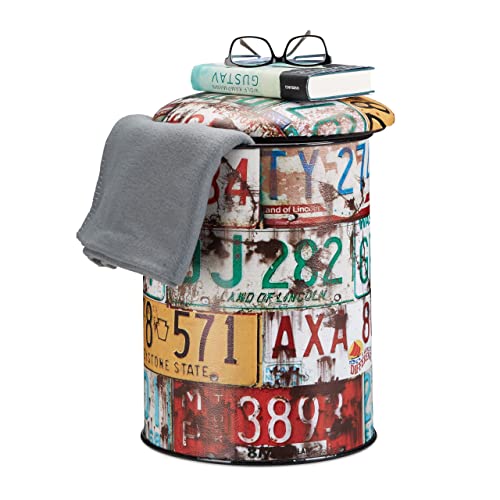 Relaxdays Sitztonne Vintage, bunter Sitzhocker mit Motiv, Autoschilder...