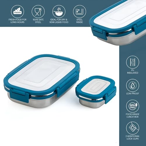 Image of Premium Stainless Steel Lunch Box, 1000ml + 200ml, Leakage Proof /Airtight Containers Large Lunch /Tiffin Box for Office, School Use, Bento Lunch Box for Men /Women, 4 Side Clip Lock Lid - Blue
