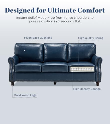 Image of Kingfun 3 Seater Sofa, Mid-Century Modern Faux Leather Couch Set for Living Room, Blue with Rolled Arms & Nailhead Trim, Easy Assembly