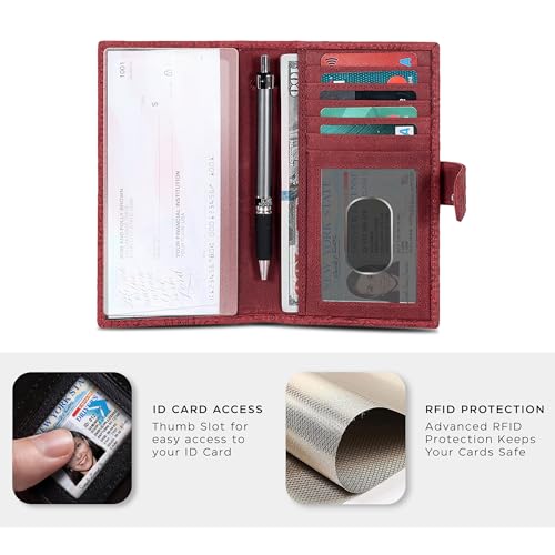 Image of Oak Leathers Checkbook Cover Slim Minimalist For Men with RFID Blocking Credit Card Holder Wallet (Vintage Red)