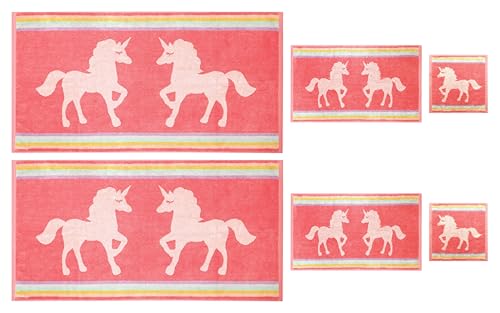 Image of ORIGINAL KIDS 6 Piece Unicorn Towel Set - 100% Cotton Terry Jacquard - 2 Bath Towels, 2 Hand Towels, 2 Washcloths - 630 GSM Super Soft Absorbent Kids Bathroom Set - Pink Multicolor