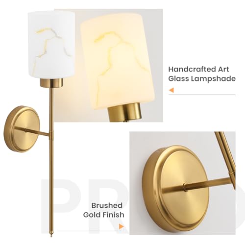 Image of Gold Wall Sconces Set of 2 with Marble Glass Shade, Modern Bathroom Vanity Light Fixtures for Bedroom, Hallway, Entryway, Living Room
