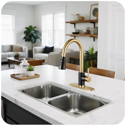 Image of Kitchen Faucet with Pull Down Sprayer - Black & Gold Single Handle Kitchen Faucets, High Arc Stainless Steel Pull Out Kitchen Sink Faucet with Deck for RV Laundry Farmhouse Bar