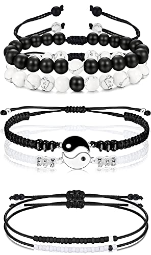 MILACOLATO 3 Pares Pulseras Para Parejas Para Hombre Mujer Pulsera Bff Ying Yang Rompecabezas Corazón Juego Cordón Ajustable Howlita Ágata Mate Pulsera Distancia Con Cuentas Para Pareja Amistad Regalo