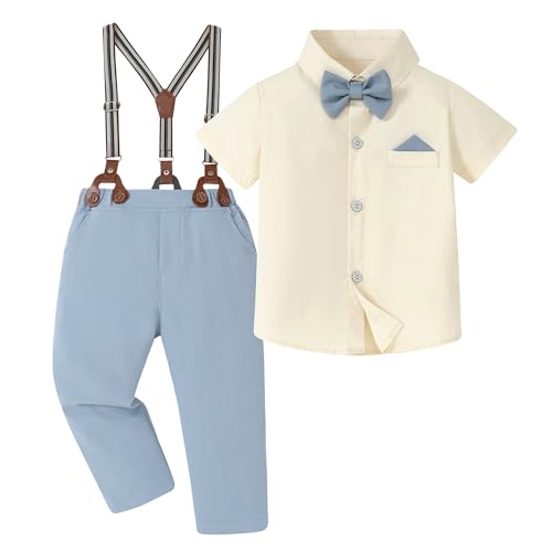 Toddler Boys Semi Formal Outfit 3pcs Sets Short Dress Shirt Suspender Pants Bow Tie for 1-5 Years