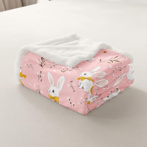 Image of Cute Rabbit Throw Blankets Cartoon Bunny Pink Fleece Flannel Throws Boys Girls Lovely Little Floral Rabbit Decor Soft Cozy Fleece Blankets Botanical Animal for Sofa Bed Couch,40x50 Inches
