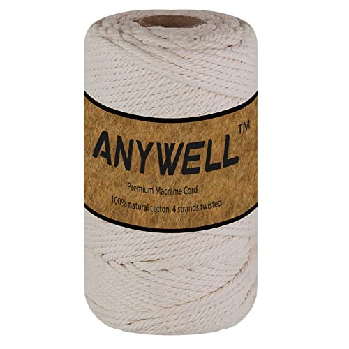 ANYWELL Cordon en coton macramé de 3 à 6 mm, non teint, coloré à la main, 4 brins torsadés en coton pour macramé, suspension murale, fabrication artisanale et tricot (beige, 4 mmx200 m)