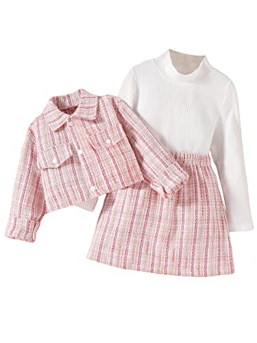 Image of WDIRARA Toddler Girl's 3 Piece Outfits Plaid Tweed Jacket and Mini Skirt Set with Tee Top