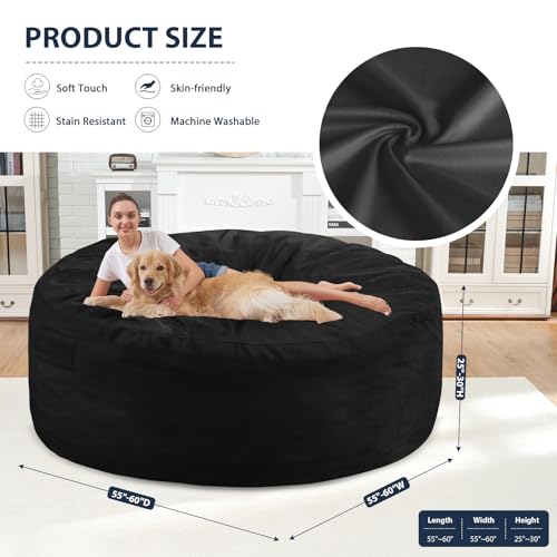 6FT Bean Bag Chair, Large Bean Bag Chairs with Memory Foam Filled, Fluffy Beanbag Sofa with Dutch Velvet Cover, Round BeanBag Chairs for Living Room, Playroom - Black
