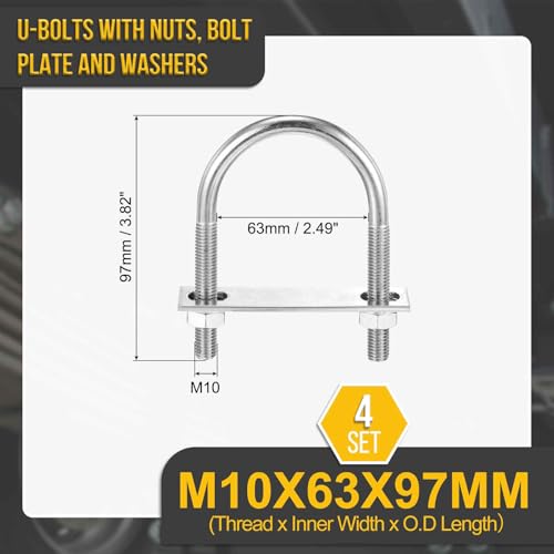 Image of DTGN M10x63x97mm U Bolts Round Kit - 4Set - 304 Stainless Steel U-Bolt Kit with Nuts, Washers, Frame Plate - Good for Pipe, Trailer, Automotive, Leaf Spring Fastener