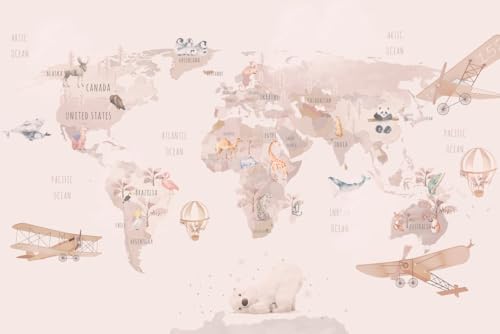 A.S. Création Fototapete World Map 3,75 m x 2,50 m - WALLLOVE Kinderzimmer-Tapete Landkarte Rosa, Beige inkl. Kleister - DD129592