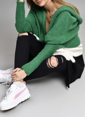 Image of Women's Oversized Hooded Cardigan Color Block Open Front Sweater Chunky Knit Long Coatigan Coat