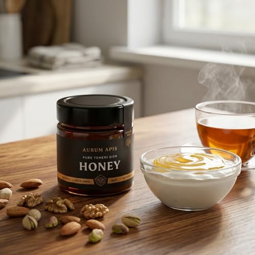 Image of Aurum Apis Raw Yemeni Sidr Honey, 100% Raw Unfiltered Pure Honey, Hand Harvested Organic Honey, Non-GMO, Unprocessed Certified Organic Honey from Sidr Tree Blossoms, Rich Flavor & Aroma, Honey Jar (130g)