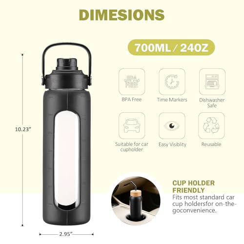 Image of 24 oz Glass Water Bottle with Straw - 2 Lids (Bamboo & Spout Lid), Motivational Borosilicate Glass Daily Water Intake Bottle with Time Marker, Silicone Sleeve for Gym Home Office-Black