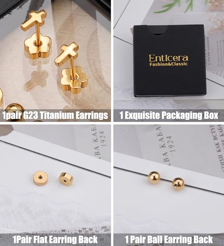 Enticera 14K Gold Stud Earrings For Women 20G Leaf Cross Bar Handmade Flat Back Earrings Hypoallergenic Nap Screw Back Cartilage Earrings Gold Cross thumb #8
