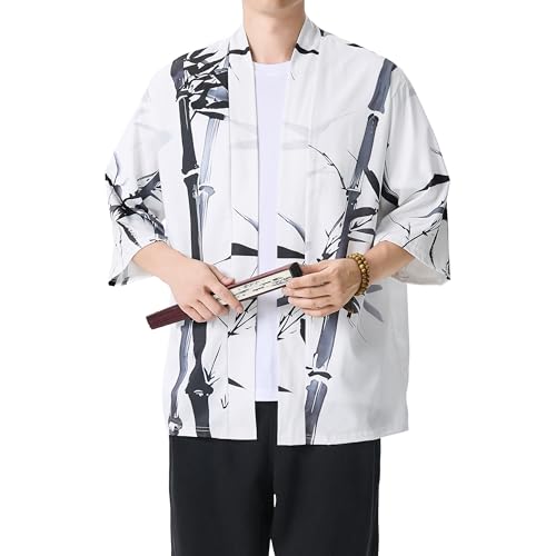Image of PRIJOUHE Men's Lightweight Kimono Jacket Seven Sleeve Open Front Cardigan Coat Japanese Style Bathrobe