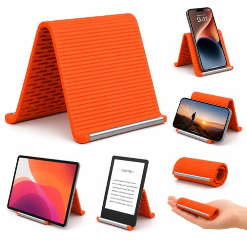 Image of Flexible Silicone Phone Stand, Multi-Angle Adjustable Cell Phone Holder, Portable Phone Stand for Desk, Compatible with iPhone, iPad, Tablet, Laptop, for Home, Office, Gaming (Orange)