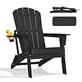 nevilywood Folding Adirondack Chair, Ergonomic Extended Backrest, HDPE All-Weather, 400lbs Capacity, Maintenance-Free, Cup Holder, ?Black?- Outdoor Patio & Firepit Chair