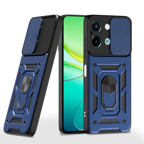Image of Pikkme D10 Tough Armor Bumper Case | 360 Protection Case | Sliding Camera Shield Cover & Ring Holder Stand Back Cover for Vivo T3x 5G / Vivo Y200i 5G (Blue)